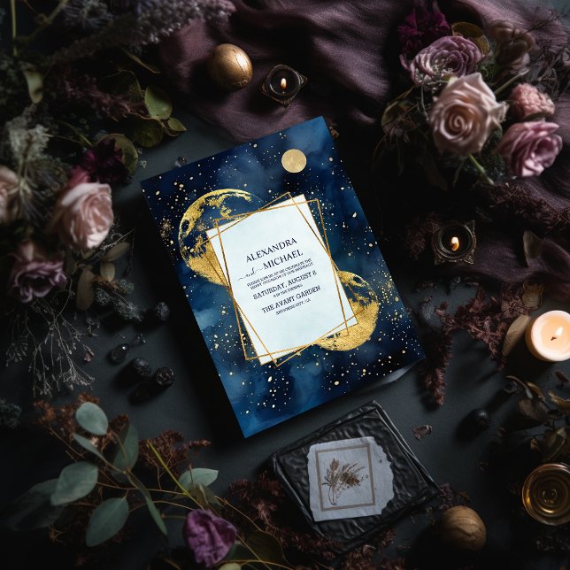 Mystic Midnight Blue and Gold Watercolor Wedding Invitation (Creator Uploaded)