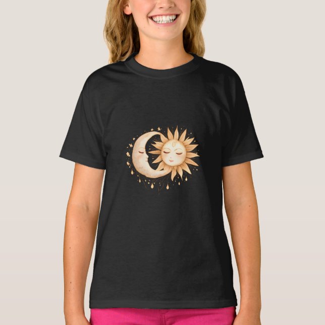 Mystic Moon and Sun Celestial Boho Style T-Shirt (Front)