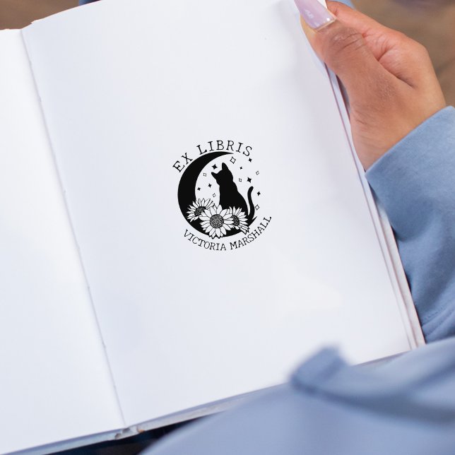 Mystic Moon Cat with Sunflowers, Ex Libris Book Rubber Stamp (Creator Uploaded)