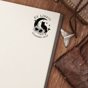 Mystic Moon Cat with Sunflowers, Ex Libris Book Rubber Stamp