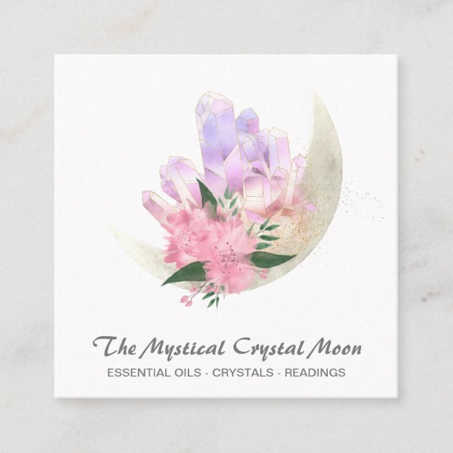 *~*  Mystic Moon Crystals Floral Cosmic Glitter Sq Square Business Card (Front)