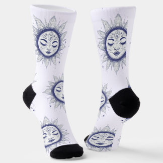 Mystic Moon Face – Celestial Spiritual Line Art Socks
