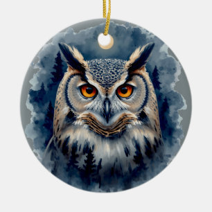 Mystic Moon Owl Watercolor Art Celestial Forest Ceramic Tree Decoration
