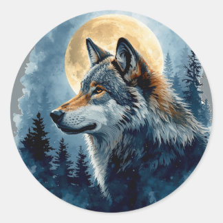 Mystic Moon Wolf Watercolor Art | Celestial Forest Classic Round Sticker