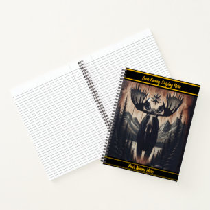 Mystic moose carving on dark wood notebook