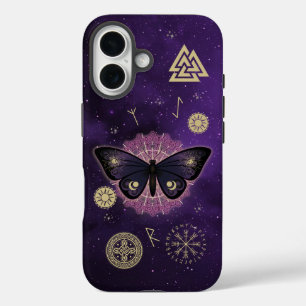 Mystic Moth & Norse Runes on Cosmic Purple iPhone 16 Case