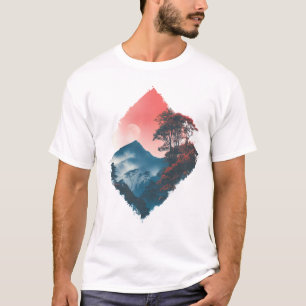 Mystic Mountain Crimson Moon Zen Art T-Shirt