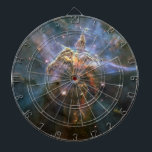 Mystic Mountain in Carina Nebula Hubble Space Dartboard<br><div class="desc">In the heart of the Carina Nebula, a tempestuous stellar nursery 7, 500 light-years away, lies a cosmic battlefield known as Mystic Mountain. This colossal pillar of gas and dust, stretching three light-years high, appears to be locked in an eternal struggle. On one side, relentless winds and scorching radiation from...</div>