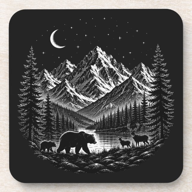 Mystic Mountain Wilderness Night Linocut Style Coaster (Front)