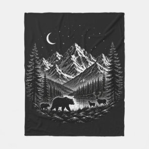 Mystic Mountain Wilderness Night Linocut Style Fleece Blanket