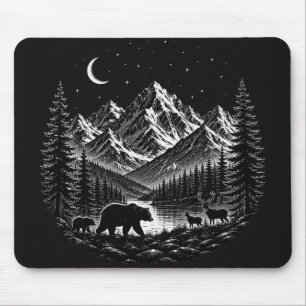 Mystic Mountain Wilderness Night Linocut Style Mouse Pad
