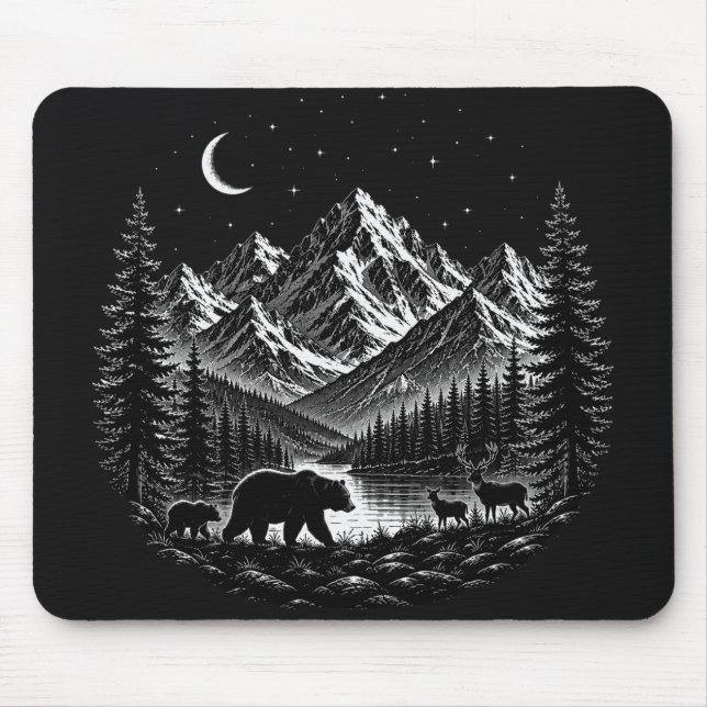 Mystic Mountain Wilderness Night Linocut Style Mouse Pad (Front)