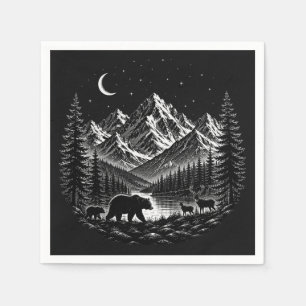 Mystic Mountain Wilderness Night Linocut Style Napkin