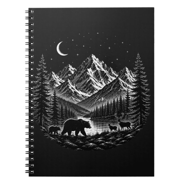 Mystic Mountain Wilderness Night Linocut Style Notebook (Front)