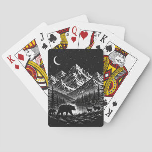 Mystic Mountain Wilderness Night Linocut Style Playing Cards