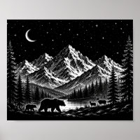 Mystic Mountain Wilderness Night Linocut Style