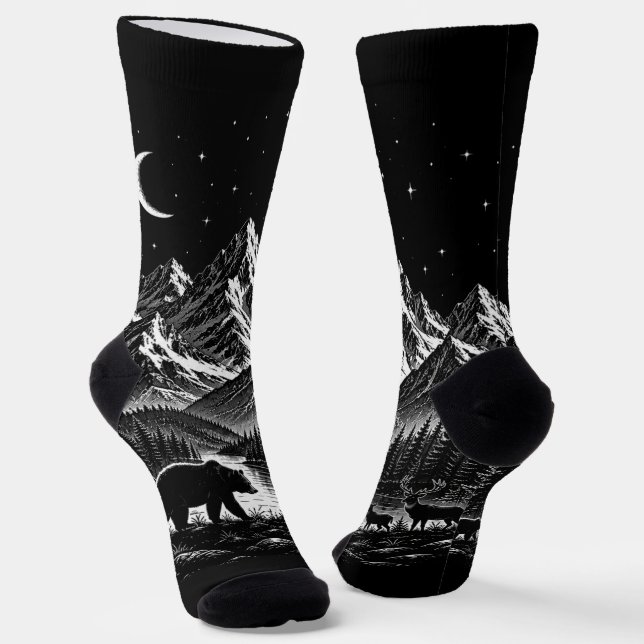 Mystic Mountain Wilderness Night Linocut Style Socks (Angled)
