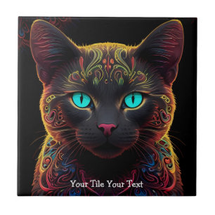 Mystic Neon Mandala Cat Psychedelic Feline Fantasy Tile