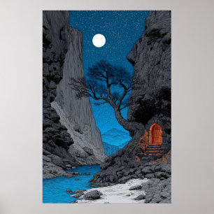 Mystic Night Canyon Blue Moon Landscape Art Print