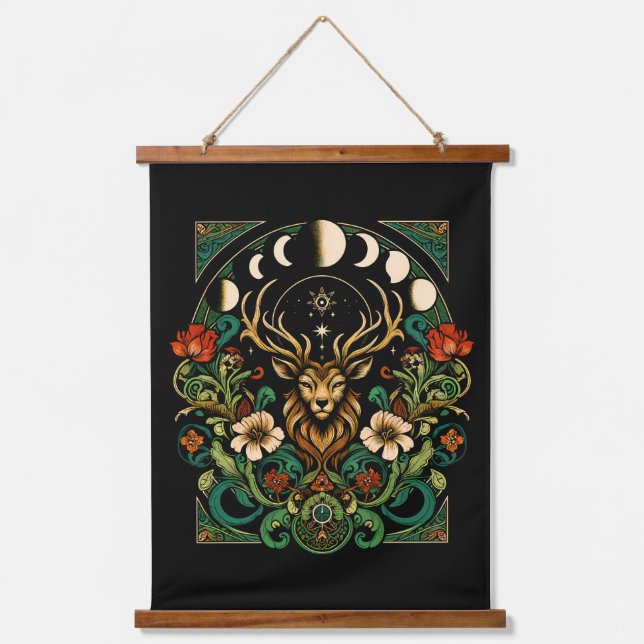 Mystic Pagan Stag and Moon Phase Hanging Tapestry (Front)