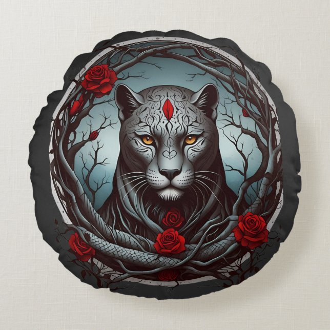 Mystic Panther or Enchanted Beast Round Cushion (Front)