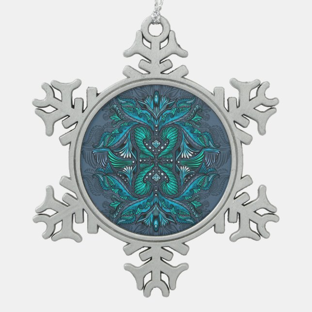 Mystic Peacock Feathers  Snowflake Pewter Christmas Ornament (Front)