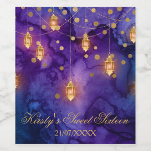 Mystic Purple Blue Lanterns Bokeh Lights Sweet 16 Wine Label