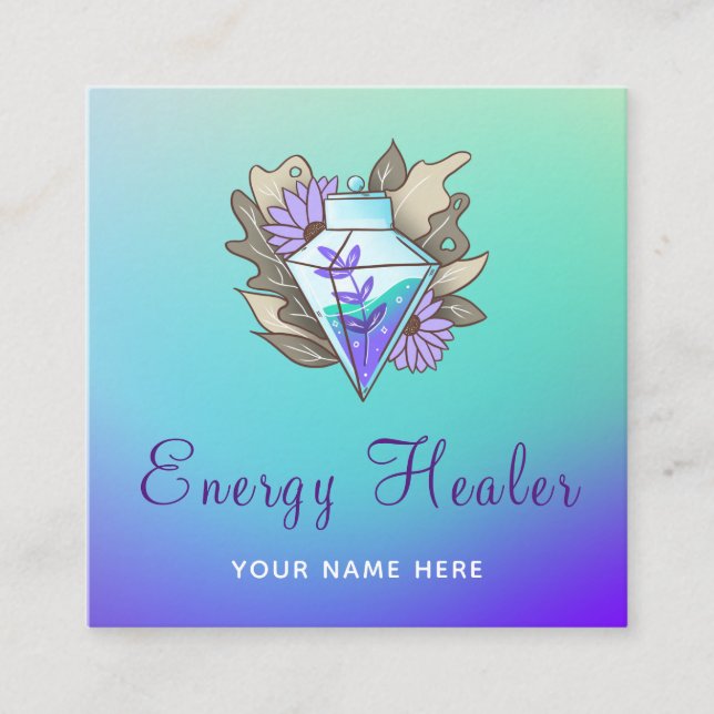 Mystic Purple Green Energy Healer Gradient Ombre  Square Business Card (Front)
