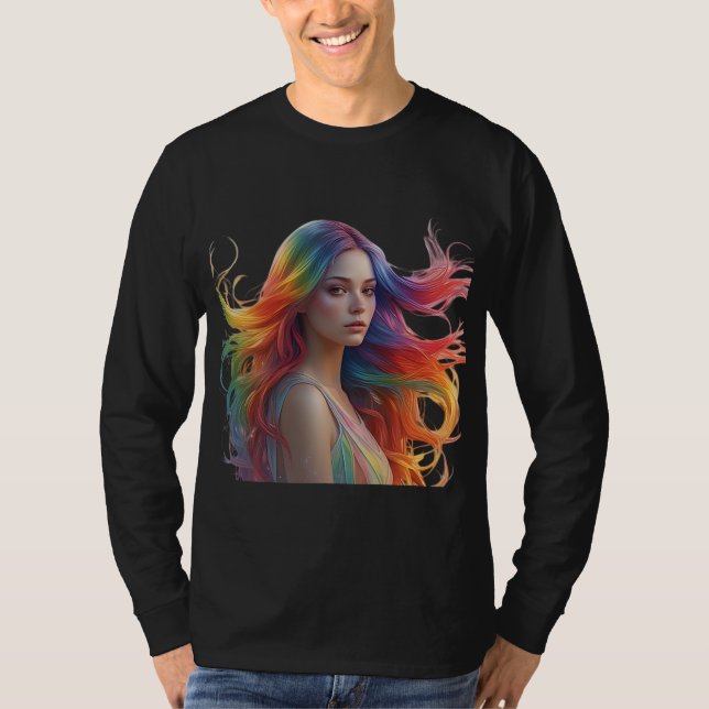 Mystic Rainbow Muse – Serene Fantasy Woman T-Shirt (Front)