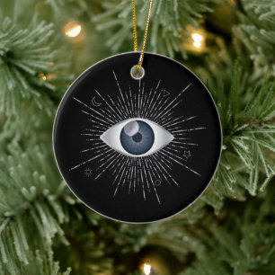 Mystic Silver & Blue Evil Eye Nazar Mati on Black Ceramic Tree Decoration