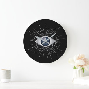 Mystic Silver & Blue Evil Eye Nazar Mati on Black Large Clock