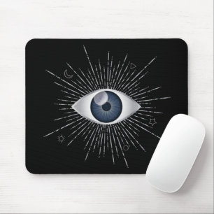 Mystic Silver & Blue Evil Eye Nazar Mati on Black Mouse Pad