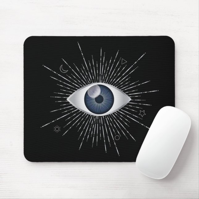 Mystic Silver & Blue Evil Eye Nazar Mati on Black Mouse Pad (With Mouse)