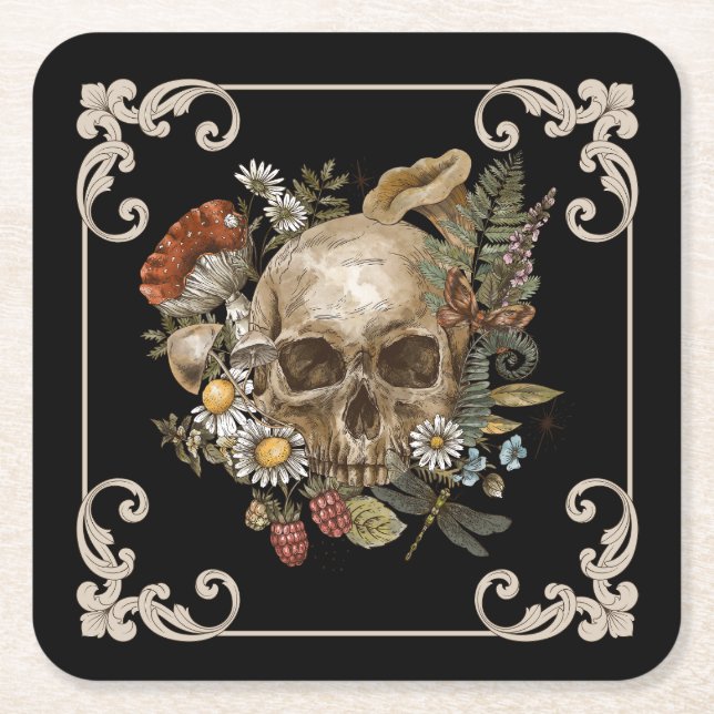 Mystic Skull Vintage Black Square Paper Coaster (Front)
