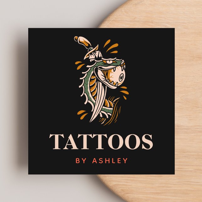 Mystic Snake Eyeball & Sword Modern Tattoo Artist Square Business Card (Creator Uploaded)