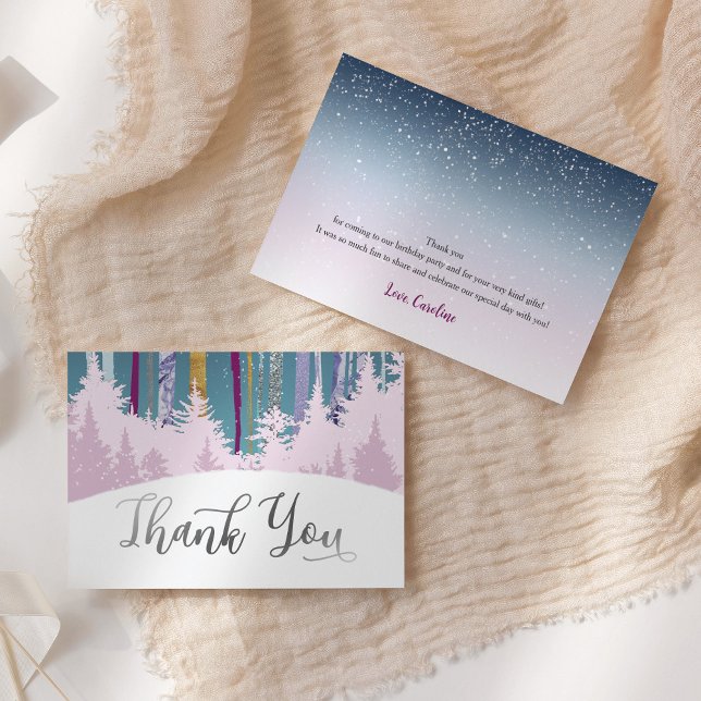 Mystic Snow Wood Winter Trees Purple Blue Silver Thank You Card (Creator Uploaded)