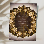 Mystic Sparkles and Golden Floral Save The Date Invitation<br><div class="desc">Elegant,  modern,  and delicate Exquisite Elegant Mystic Sparkles and Golden Floral Save The Date wedding invitation that you can customise with your info to make it furthermore special. The romantic minimalist design features lovely and elegant calligraphy on a Beautiful background with a clean and simple look.</div>