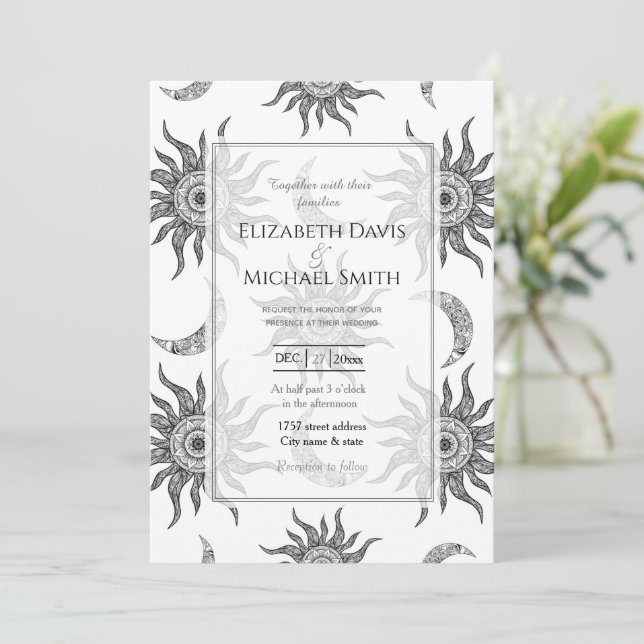  Mystic Sun Moon Black and White Invitation (Standing Front)