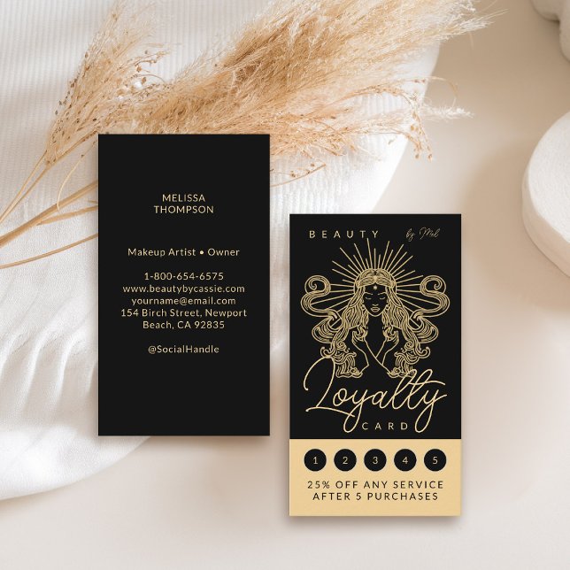 Mystic Tarot Makeup Hair Nails Monogram Gold Black Loyalty Card (tarot loyalty card goddess beauty makeup hair nails lashes stylist beautician beauty wellness yoga)