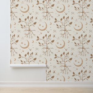 Mystic Tree Roots Moon Seamless Pattern Cream Wallpaper