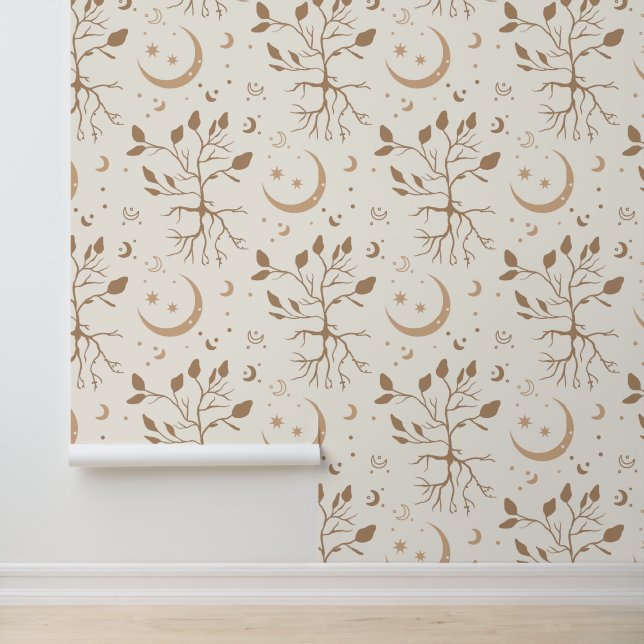 Mystic Tree Roots Moon Seamless Pattern Cream Wallpaper (Application)