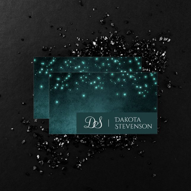 Mystic Twilight Stars | Deep Teal Green Monogram Business Card (Creator Uploaded)