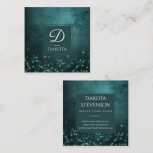 Mystic Twilight Stars Deep Teal Green Monogram Square Business Card