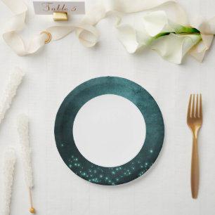 Mystic Twilight Stars   Deep Teal Green Neon Glow Paper Plate