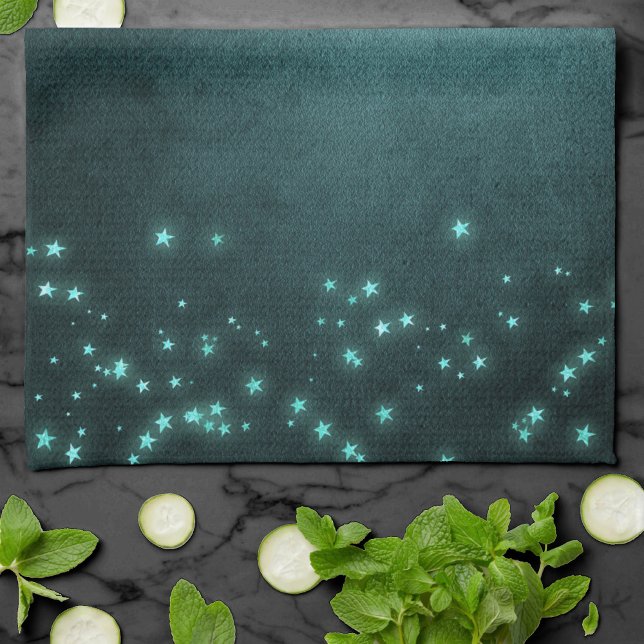 Mystic Twilight Stars | Deep Teal Green Neon Glow Tea Towel (Creator Uploaded)