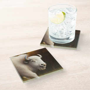 Mystic White Buffalo Digital Art Glass Coaster
