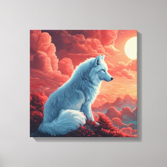 Mystic white wolf at sunset canvas print (Front)