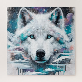 Mystic White Wolf in Frozen Galaxy Jigsaw Puzzle