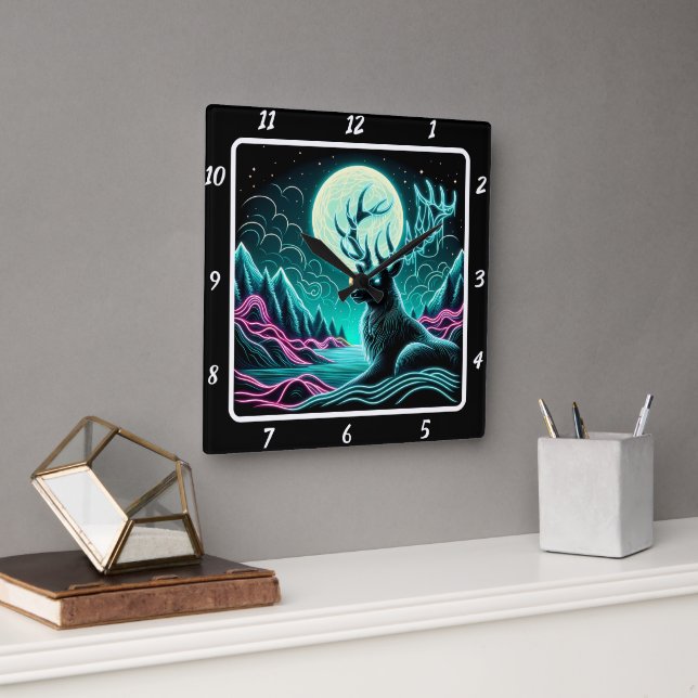 Mystic Wilderness Deer Square Wall Clock (Office)