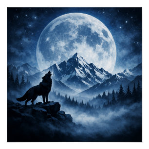 Mystic Wilderness Wolf Under Moon   Mountain Night Poster